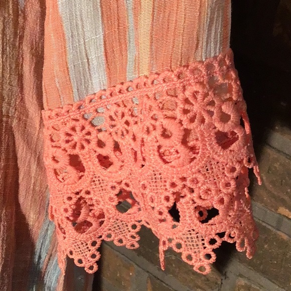 Robert Louis peasant blouse coral white vertical stripes elastic neckline L - Picture 3 of 6